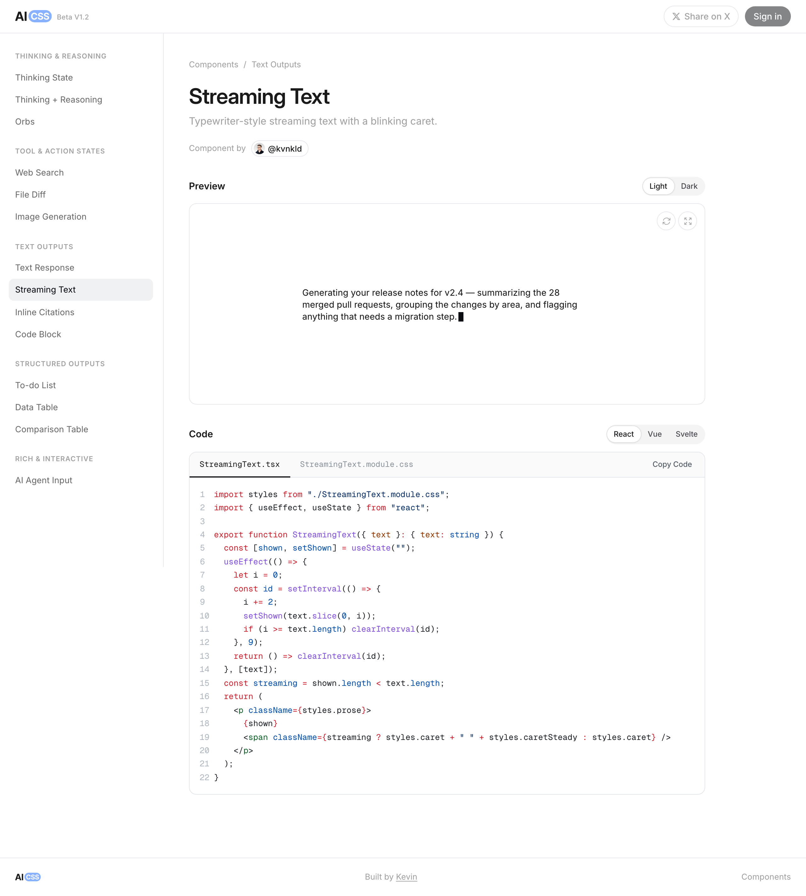 aicss.dev streaming-text 原站截图